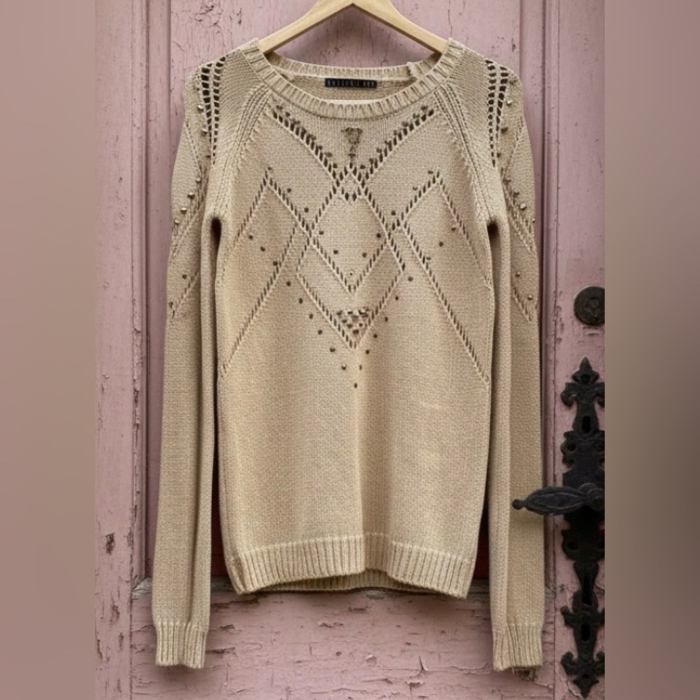 Potter's Pot Beige Long Sleeve Semi Sheer Spike Accent Sweater Size Medium